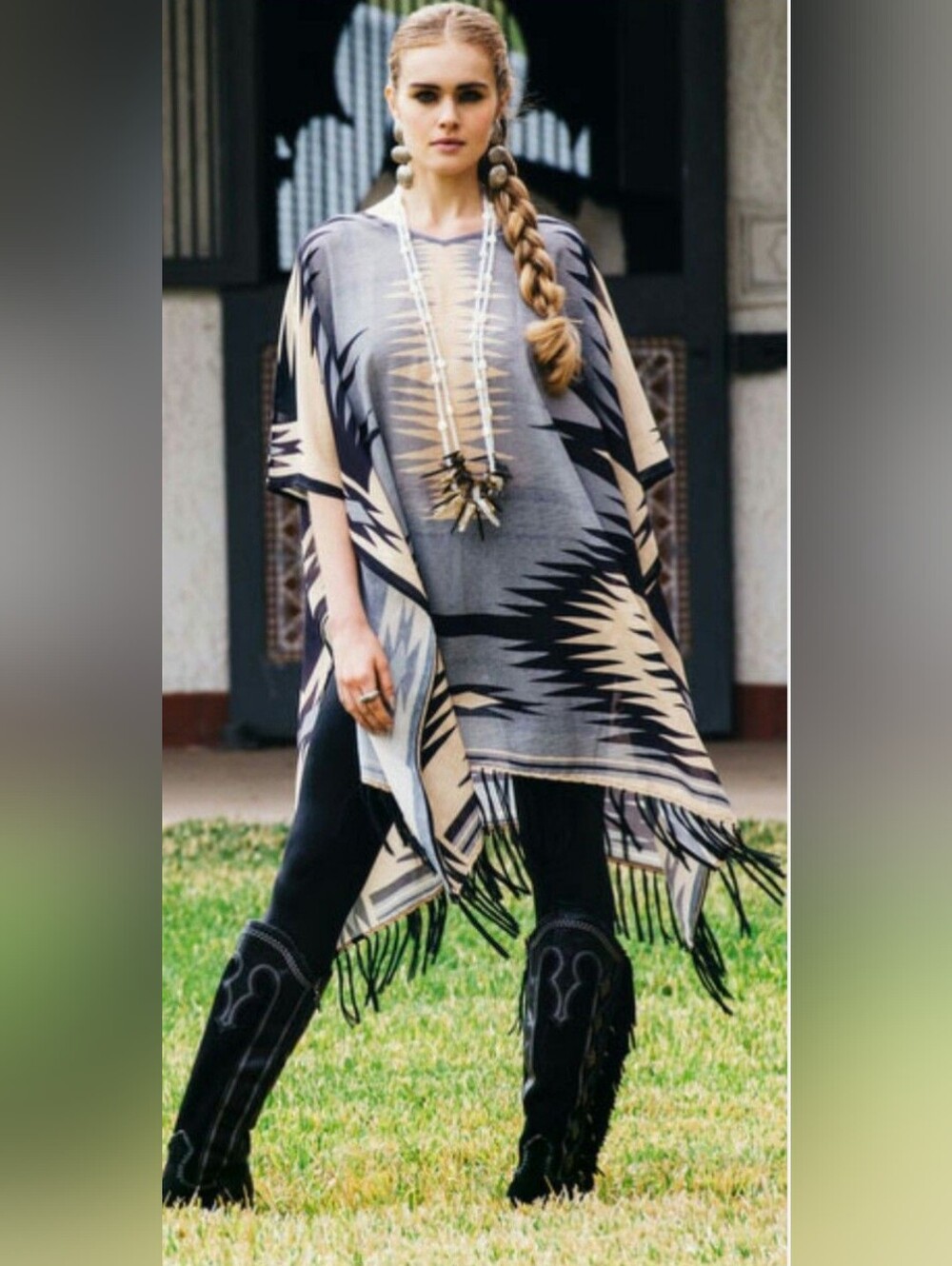 Double D Ranch Aztec Print Fringe Poncho Sz L/XL
